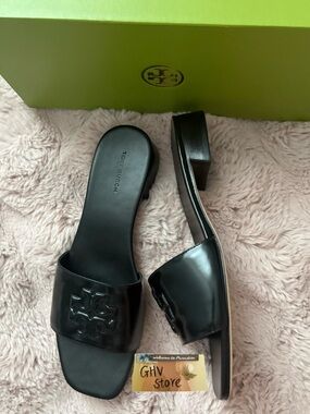 Tory Burch Black Patent Logo Slide Mules